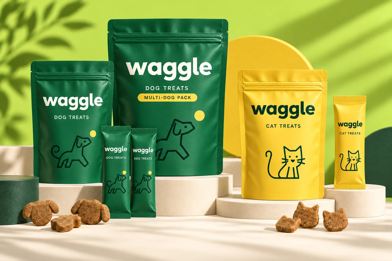 Visualización de empaques Waggle verdes y amarillos para perros y gatos, en desarrollo